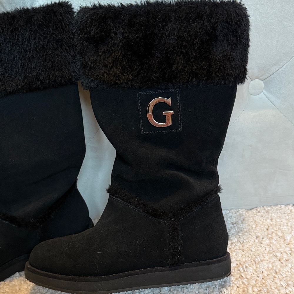New Guess boots faux fur black gold G 6.5 13” tall no box